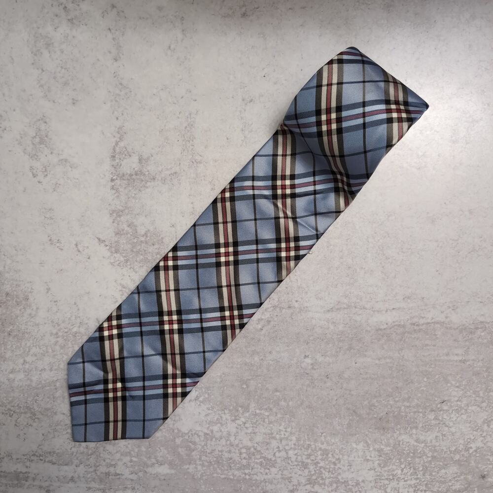 FRANGI Men's Silk Plaid Necktie Blue Burgundy Black Italy Luxury Woven Business